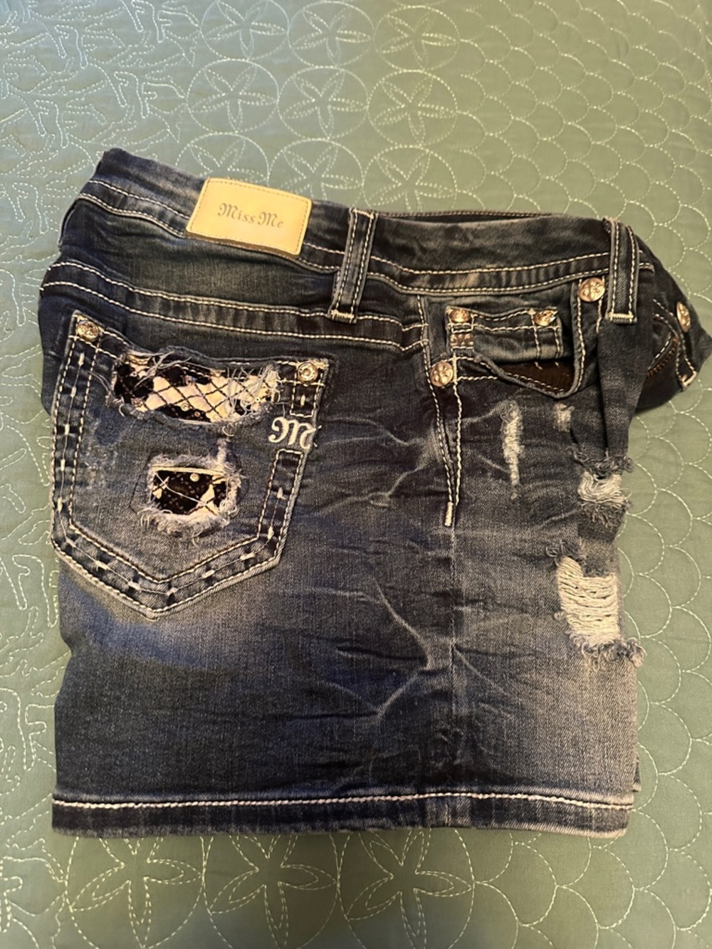 Miss Me Distressed Dark Wash Denim Shorts with Sequin Black/White print